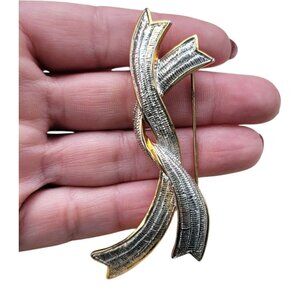 Vintage MCM Monet Brooch Two-Tone Ribbon Pin Sleek Classic Bow